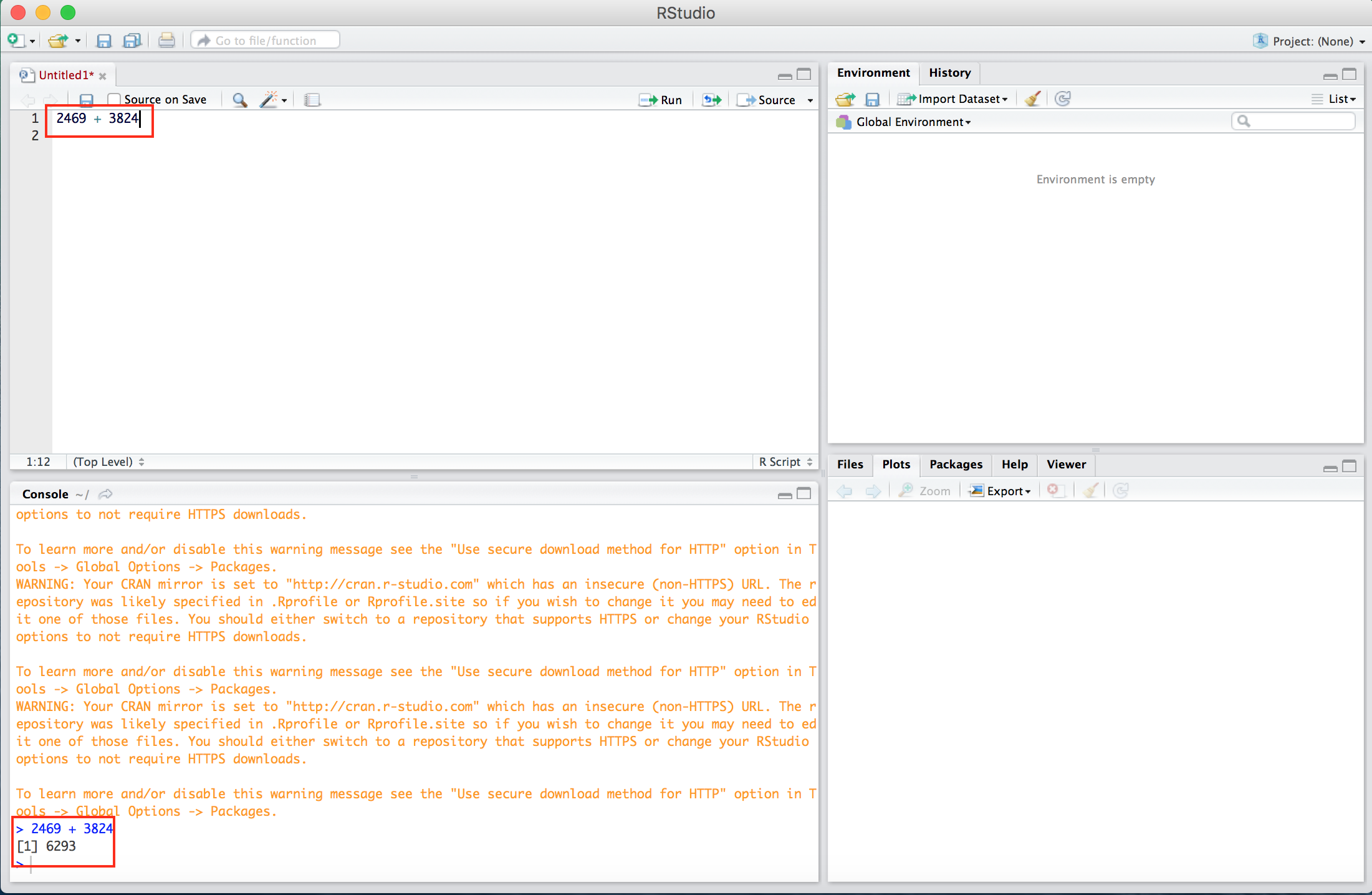 An arithmetic expression is entered in the editor and evaluated in the console. The red boxes are added for emphasis.