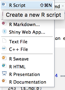 Crie um novo script R e abra o painel do editor selecionando `R Script` no menu suspenso