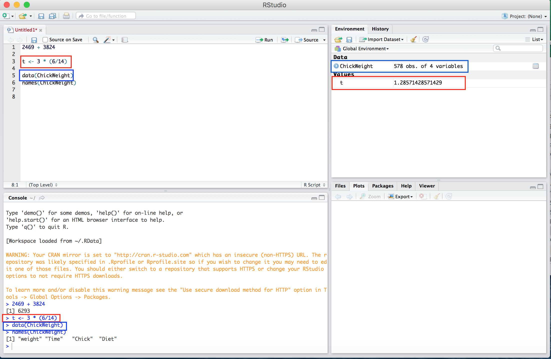 O valor 3 * (6/14) é atribuído à variável t (em vermelho) e o conjunto de dados ChickWeight é adicionado ao ambiente global (em azul). As caixas são adicionadas para enfatizar.